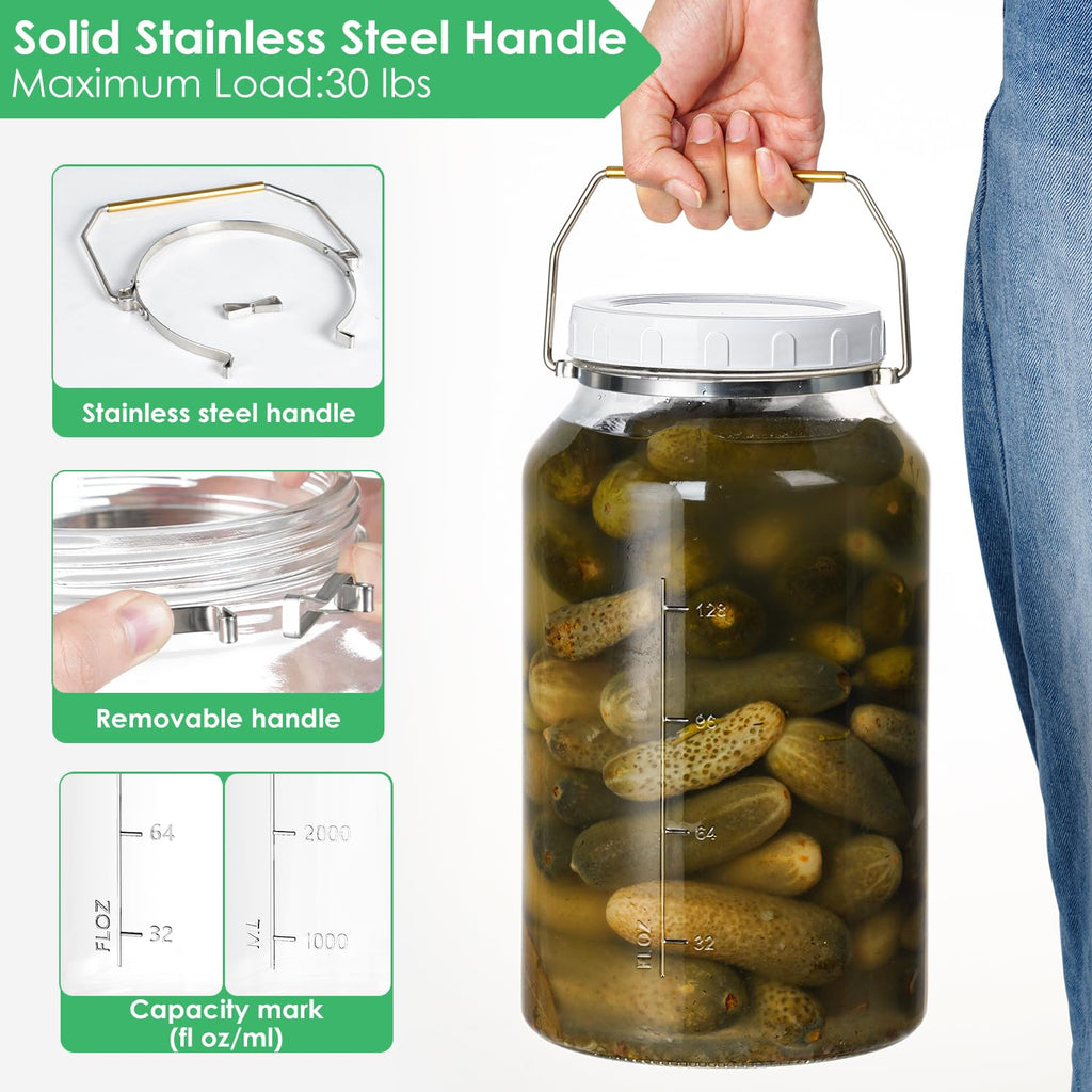 Qianfenie 2 Gallon Glass Jar with Airtight Lid, Wide Mouth Mason Jar with Lids(7600ML), Set of 1, 2 Gallon Large Glass Jar with Lid and Stainless Steel Handle