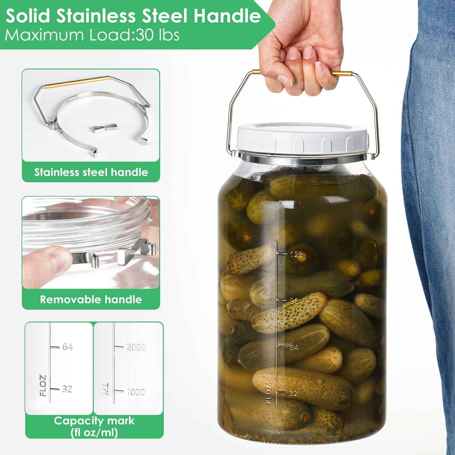 Qianfenie 2 Gallon Glass Jar with Airtight Lid, Wide Mouth Mason Jar with Lids(7600ML), Set of 1, 2 Gallon Large Glass Jar with Lid and Stainless Steel Handle