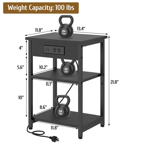 End Tables Set of 2 with Charging Station USB Ports, 3 Tier Tall Night Stand with Storage Shelves, Record Player Stand Narrow Side Table for Small Space Living Room Bedroom Office, Easy Assembly,Black