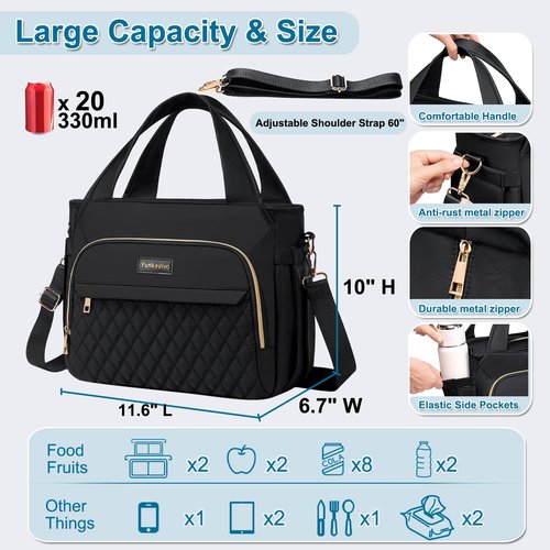 Yunkevivo Lunch Bag Lunch Box Women - Insulated Lunch Tote Bag for Women Men, Leakproof Large Womens Lunch Bags for Work, Lunch Cooler Bag for Adult with Side Pocket for Picnic, Hiking, Beach (Black)