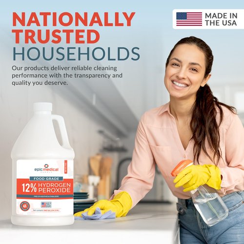 Epic Medical Supply 12% Food Grade Hydrogen Peroxide – Ultra-Concentrated H2O2 Peroxide Cleaner – 1 Gallon Bottle – Bleach Alternative for Household Cleaning, Laundry, Glass & More – Made in USA (1)