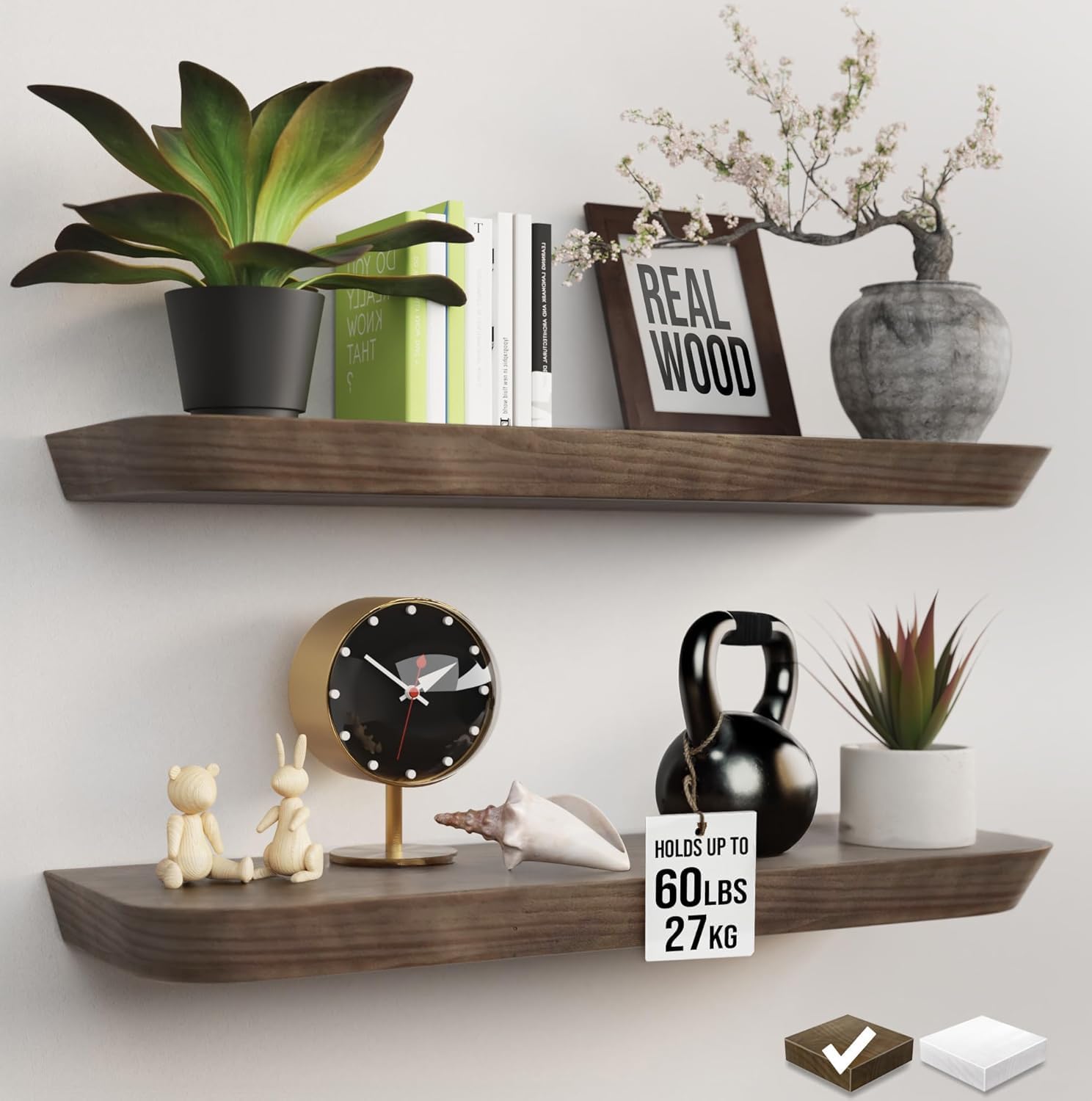 Wood Floating Shelves | 16-Inch Set of 2 - Stylish Bathroom & Living Room Storage - American Walnut Finish