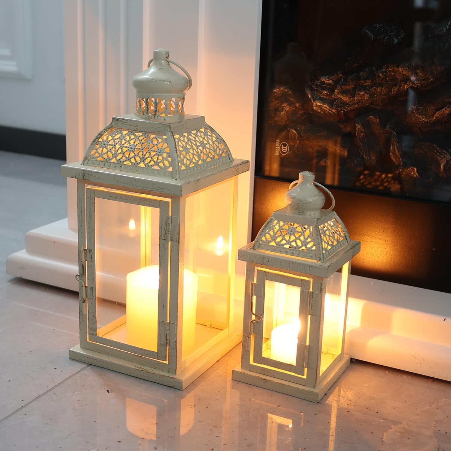 **DECORKEY Large Metal Lantern Set - Vintage Candle Holders for Indoor & Outdoor Decor | 14" & 10" Sizes**