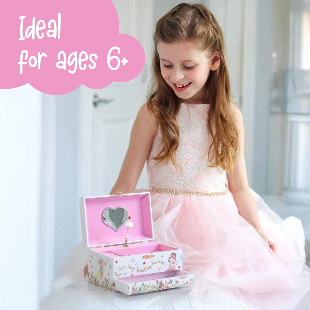 The Memory Building Co Ballerina Musical Jewelry Box Plays Classic Melody, Storage Organizer Music Box for Kids Ages 6-12, MDF Wood w/ 2 Fabric Lined Ring Bracelet Necklace Treasure Compartments