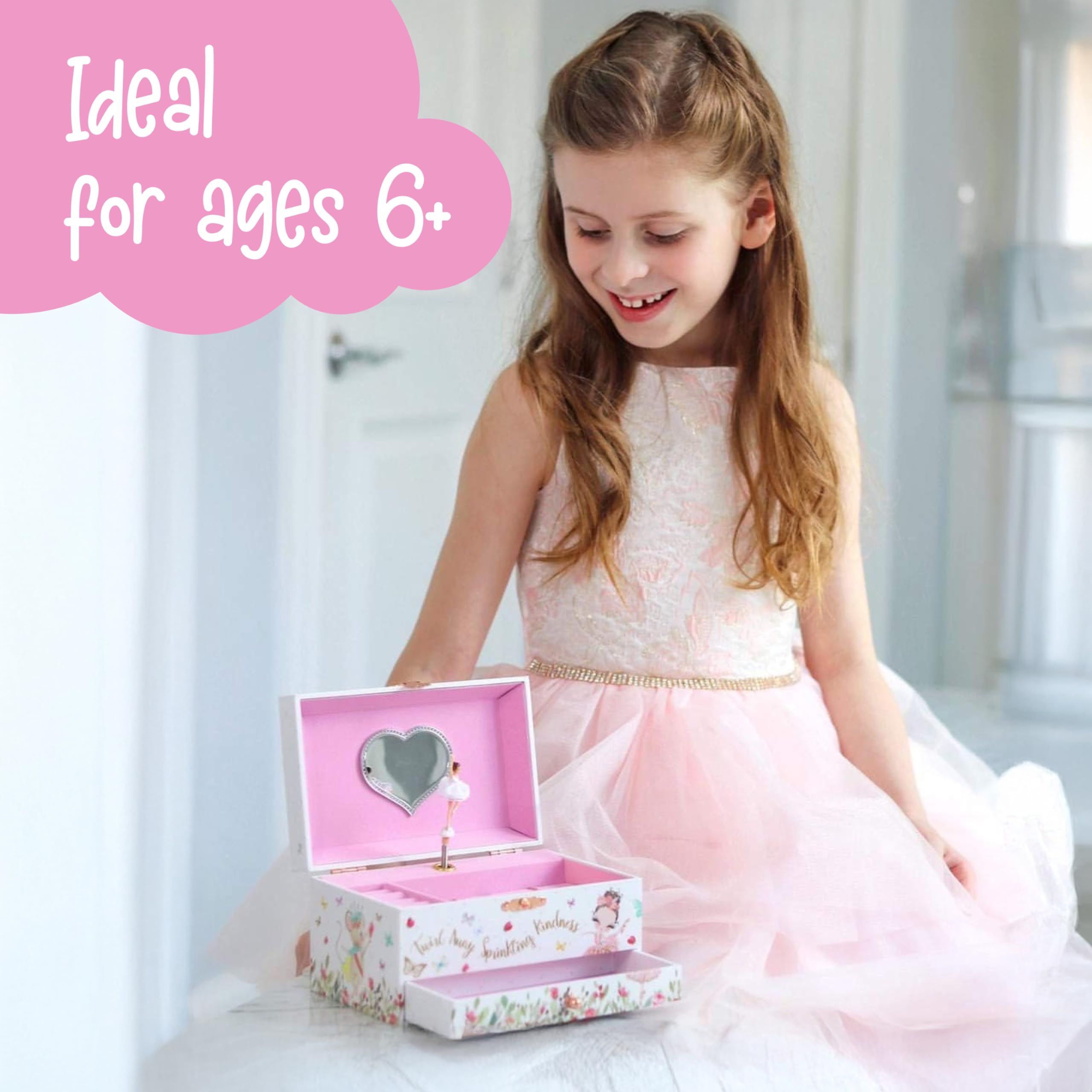 The Memory Building Co Ballerina Musical Jewelry Box Plays Classic Melody, Storage Organizer Music Box for Kids Ages 6-12, MDF Wood w/ 2 Fabric Lined Ring Bracelet Necklace Treasure Compartments