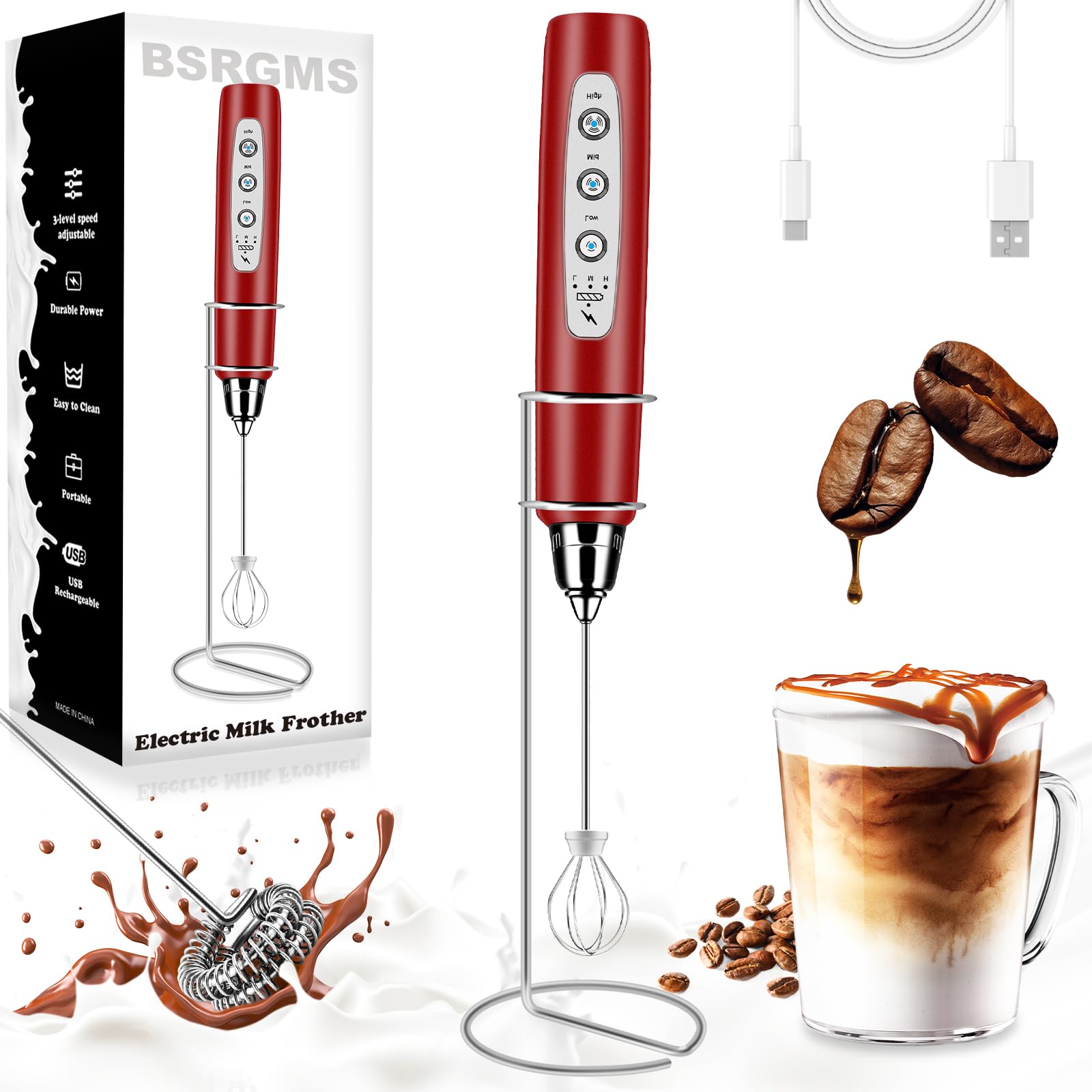 Milk Frother Handheld with Stand, Electric Whisk 3 Speed Adjustable, Drink Mixer with Stainless 3 Whisk, Rechargeable Hand Frother Wand, Foam Maker for Latte Cappuccino Hot Chocolate Egg Red