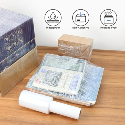 JUKFITA Stretch Film - 4" x 500 ft Shrink Wrap Rolls with Handle | Lightweight Plastic Wrap for Moving