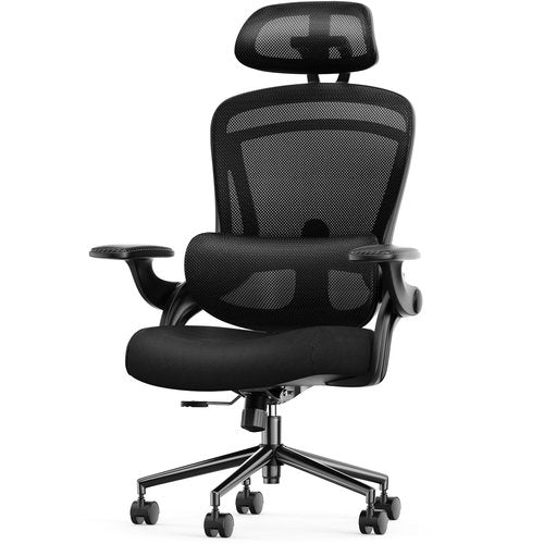 Sweetcrispy Office Chair Ergonomic Desk Chair, 300 LBS Home Mesh Office Desk Chairs with Wheels, 2D Headrest, Up&Down Lumbar Support, Swivel High Back Computer Chair with Flip-up Armrests,Dark Black