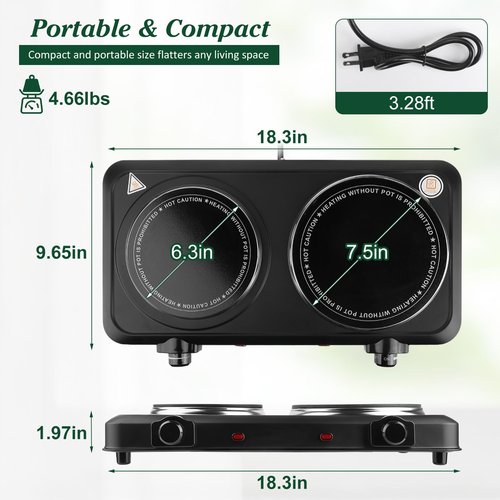 Electric Countertop Double Burner, 1800W Cooktop with Glass Hot Plate, Stepless Temperature Control, Easy to Clean, Indicator Lights, Compatible Cooking Stove for Office Home Camping RV