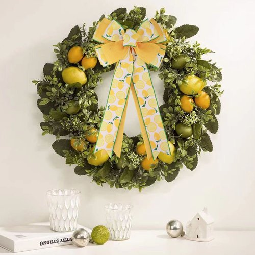 Meseey 1 Pcs Lemon Yellow White Green Fruit Wreath Bow 20x10 Inch DIY Crafts Rustic Bows Ornaments for Summer Holiday Tree Topper Lemon Theme Party Decorations (Lemon)