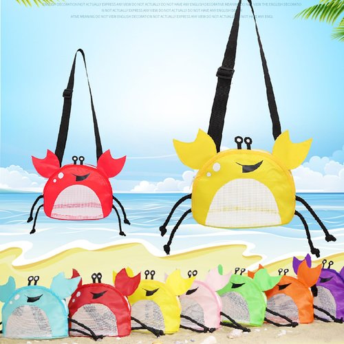 Linsiter Mesh Beach Toy Bag, Crab-Shaped Shell Collecting Bag with Adjustable Shoulder Strap, Cute Sand Toy Storage for Kids, Red