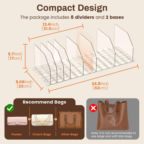 GotSpace Purse Organizer for Closet, Adjustable Clear Handbag Storage Holder, Acrylic Purse Organizer for Closet Organization, Shelf Divider, Perfect for Bedroom, Living Room, Home