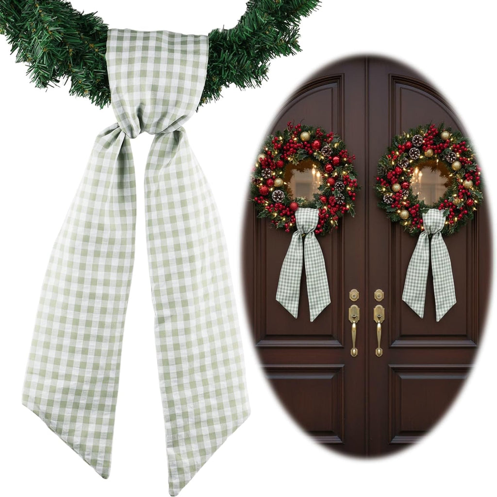 Skiennix Wreath Sash - Green & White Checkered Plaid Bow Ribbon Bundle | 2 Pack for Home Decor (5.12" x 54.33")