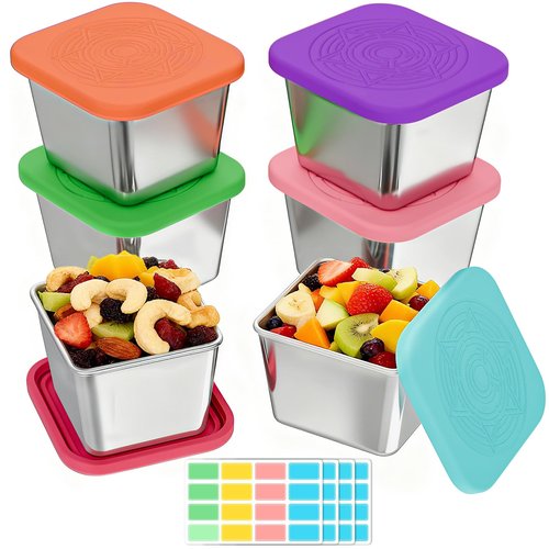 6-Pack 6oz Stainless Steel Snack Containers for Kids, Leak-Proof Metal Toddler Food Storage Containers with Silicone Lids & 64 Writable Labels, Stackable Lunch Box for School, Office, Picnic, Home