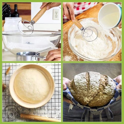 13" Danish Dough Whisk Set with Dough Scraper Bread Lame with 5 Blades and Leather Cover Dutch Bread Whisk Bread Mixer Dutch Bread Dough Whisk Hand Mixer for Sourdough, Pizza, Pastry, Cake