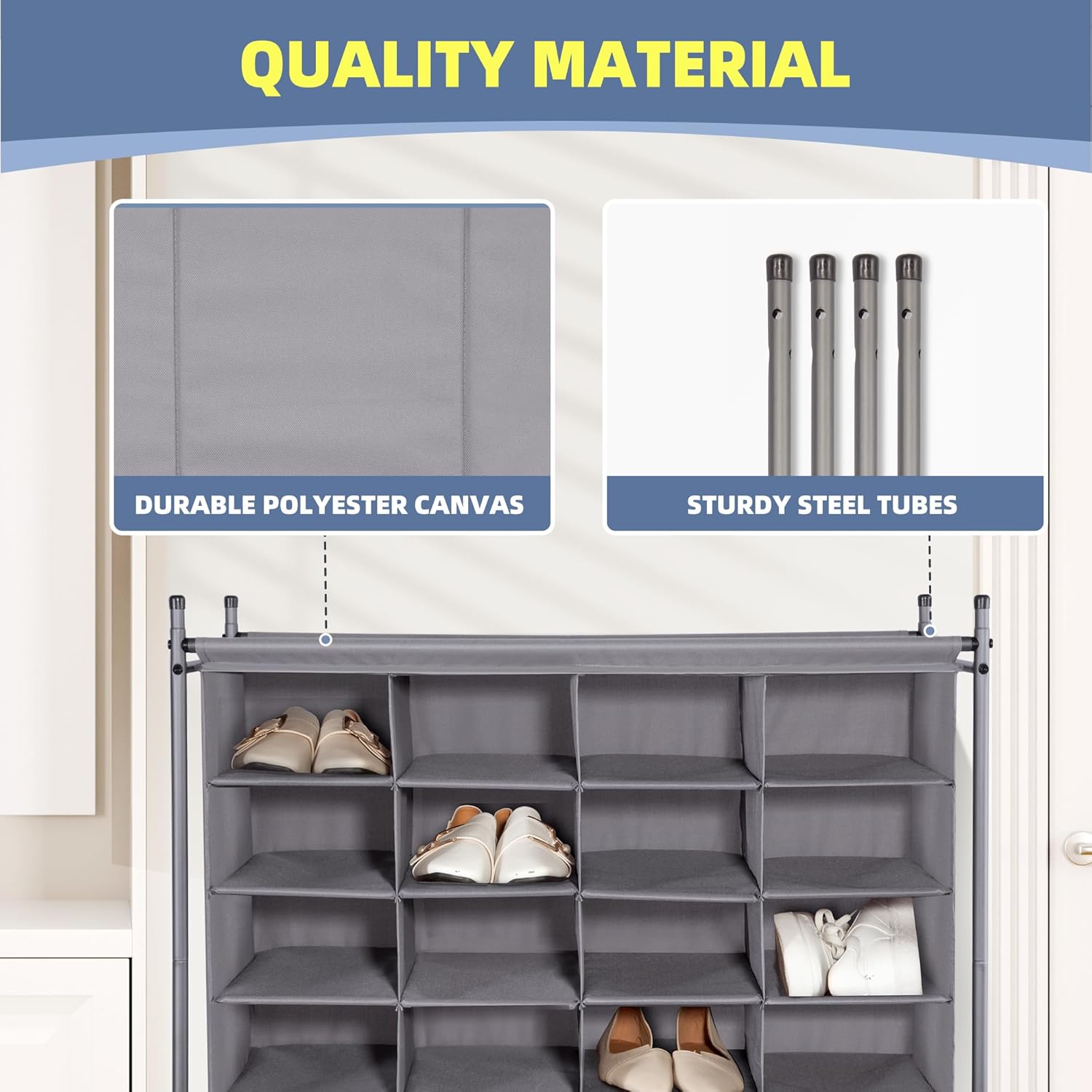 Storage Maniac Stackable Shoe Cubby Organizer - 20-Cube Free Standing Rack for Entryway & Closet | Gray