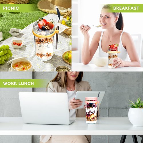 ANOTION Overnight Oats Containers with Lids and Spoons - 4 Pack Mason Jars 24 oz with Lids and Straws - Airtight Glass Meal Prep Containers for Oats Overnight, To Go Yogurt Oatmeal Cereal Pudding Cups