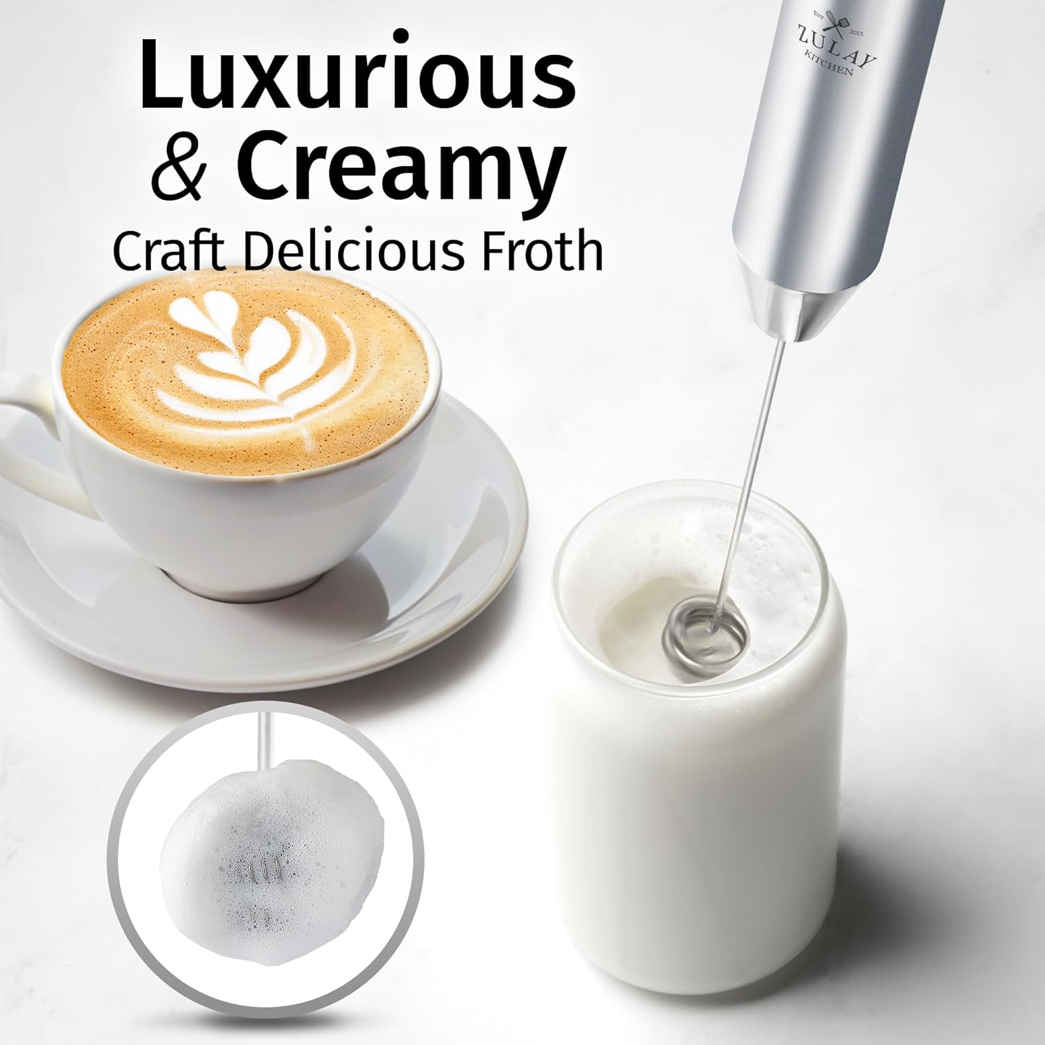 Zulay Kitchen Rechargeable Milk Frother - Powerful 2-Speed Motor, Waterproof, 2000mAh Battery | Perfect for Latte, Cappuccino, Matcha & Protein Drinks - Pure Silver