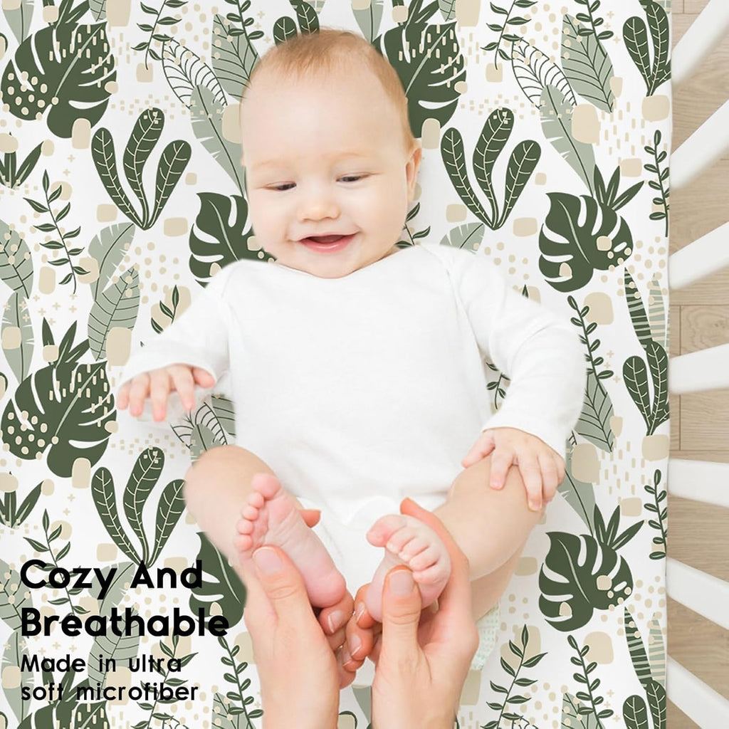 Yoofoss Fitted Pack and Play Sheets - Soft, Breathable Mini Crib Sheets 2-Pack (Green + Banana Leaves)