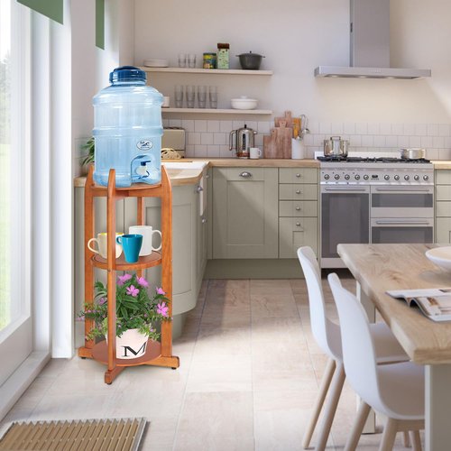 Natural Solid Wood Water Dispenser Stand (32.8"Hight-11.2"Wide) Ceramic Water Dispenser Floor Stand, 5 Gallon Water Jug Stand with 3 Round Shelfs Included for 1-5 Gallon Water Bottles/Crocks/Water Jug