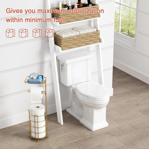 Goozii Gold Free Standing Toilet Paper Holder - Stylish Floor Stand with Phone Shelf & Wipes Tray