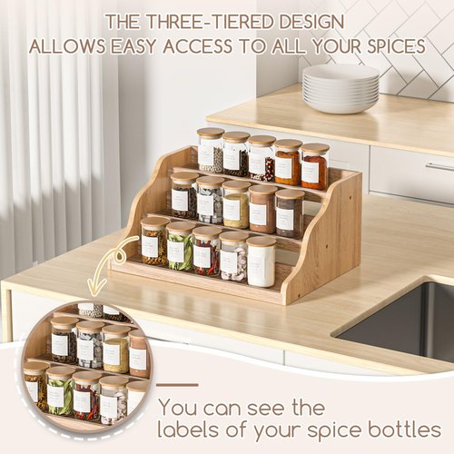 Memanque Tiered Spice Rack Organizer for Cabinet, Wooden Spice Rack for Countertop, Spice Shelf organizer Spice Organization for Cabinet