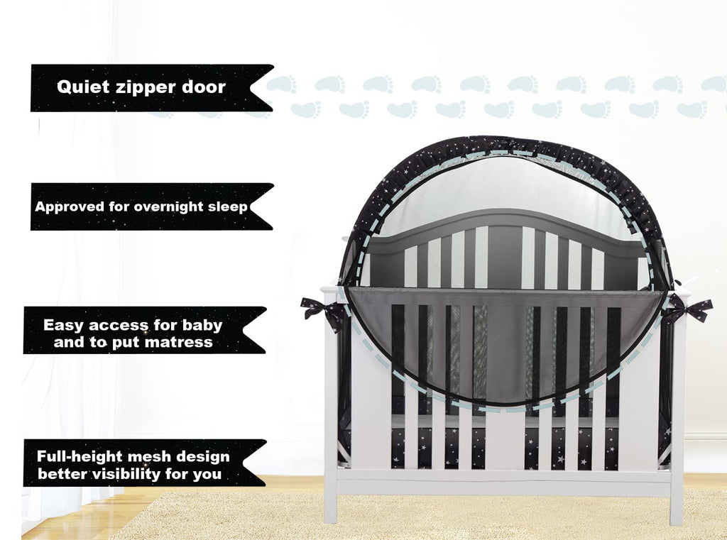 ZXPLO Safety Pop Up Crib Tent Cover to Keep Toddler from Climbing Out - Baby Bed Star Net Canopy with Mesh Organizer