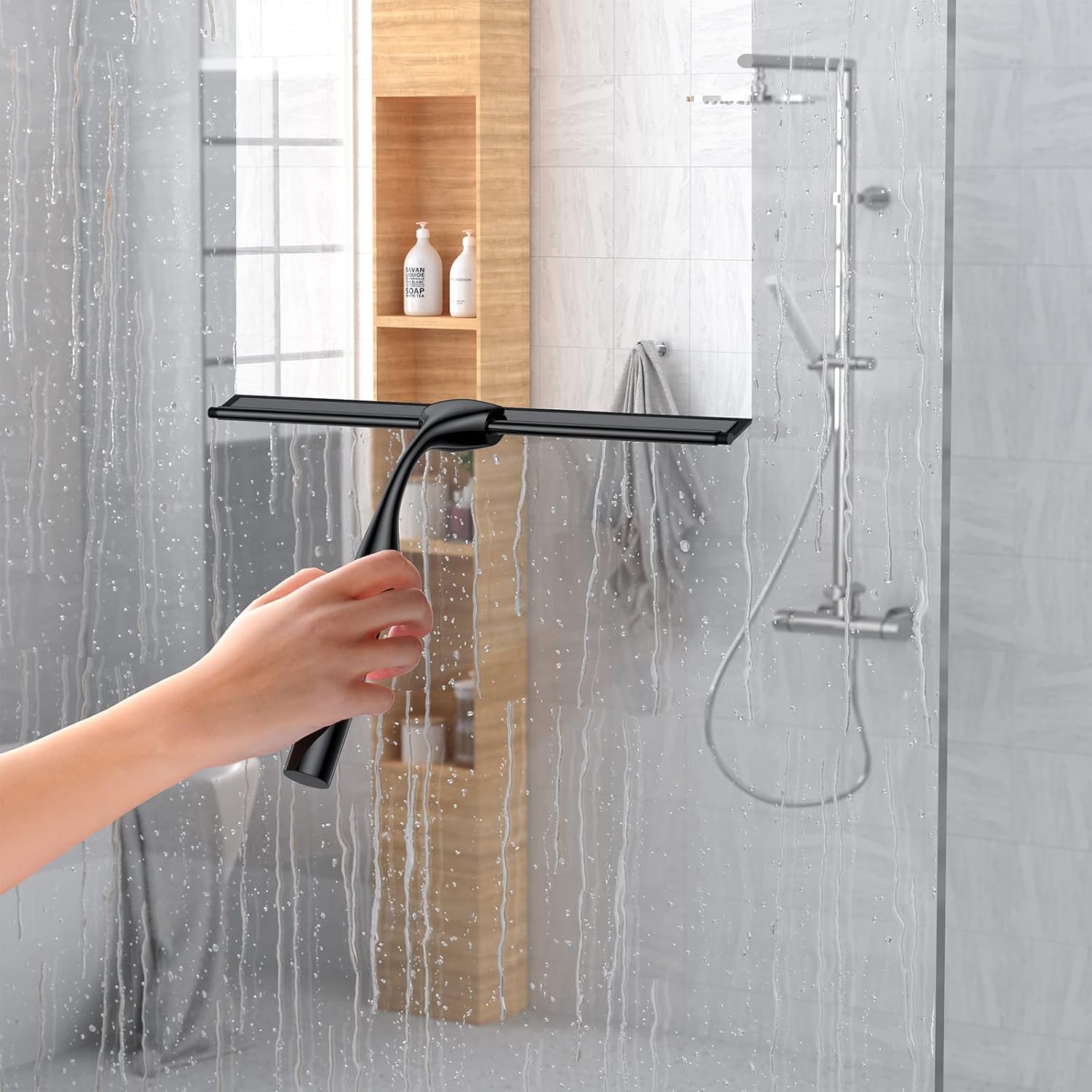 Skiennix Stainless Steel Shower Squeegee Set - 14-Inch with Hooks & Spare Blade for Glass & Mirrors