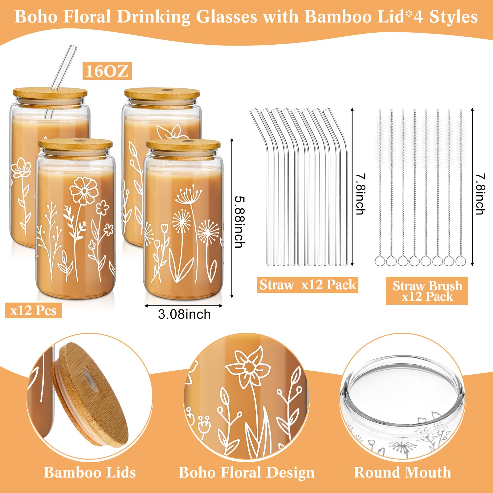 Mumufy 12 Pack Glass Cups Gift Aesthetic Cute Glass Cup Tumbler Flower Iced Coffee Mugs 16 oz with Bamboo Lid & Straw, for Wedding Birthday Bridesmaid Mom Baby Shower