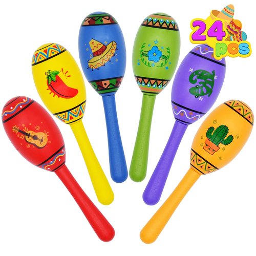 JOYIN 24 Mini Wooden Fiesta Maracas 6 Designs Noisemaker for Mexican Fiesta, Cinco De Mayo Party Favors, Musical Fun, Birthday Parties, Luau Party, Carnivals, Taco Tuesday Event