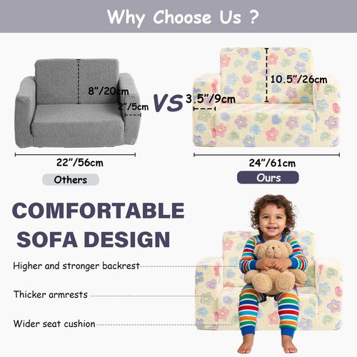 Tiita 2-in-1 Kids Sofa, Convertible Children Couch to Lounger, Flip Out Kids Chair, Toddler Armrest Chair Bed, Folding Kid Play Sofa for Girl or Boy, Flower