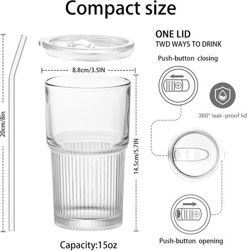 Luiaiog Glass Cups with Lids & Straws - 18.5oz Reusable Tumbler, Shatter-Resistant Design for Iced Coffee & Smoothies