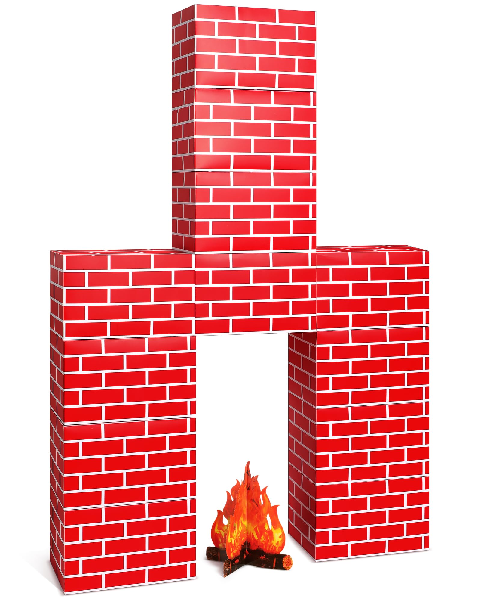 Fullhawl 13 Pcs 3D Winter Cardboard Fireplace 39 x 59 Inch DIY Winter Artificial Fireplace with 3D Fire Flame Prop Fake Fire Place Backdrop for Xmas Party Background Decoration(Red Brick)