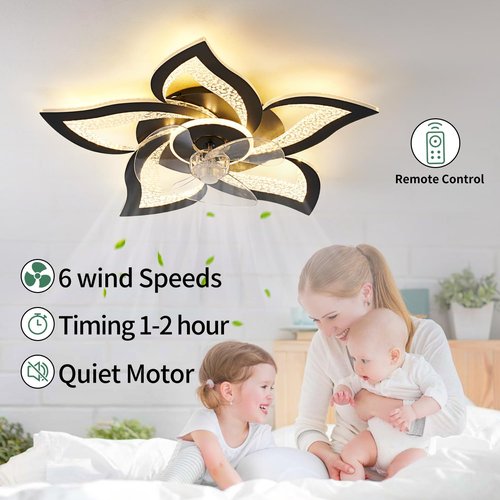 Yfrest Ceiling Fan with Lights Remote Control, Black Personalized Ceiling Fan with Light, 6 Speeds 3 Light Color Flush Mount Ceiling Fan for Kitchen Bedroom