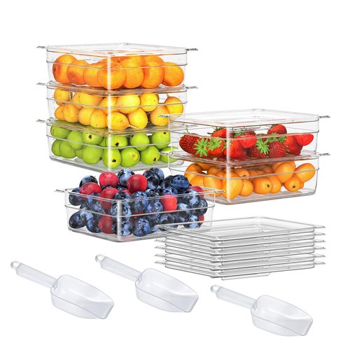 HNEDSEN 6 Pack Plastic Food Pan with Lid 1/2 Size 4 Inch Deep Restaurant Clear Food Storage Containers Polycarbonate Commercial Hotel Pans for Fruits Vegetables Beans Corns (6 PCS, 4'' Deep)