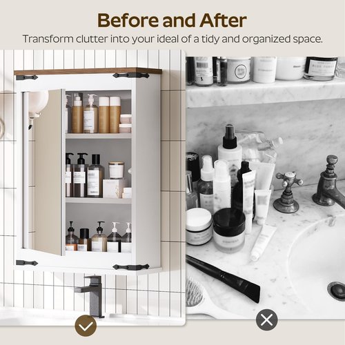 YATINEY Bathroom Medicine Cabinet with Mirror, Bathroom Mirror with Storage, Wall Storage Cabinet, with Single Mirror Door and 2 Shelves, for Laundry Room, Kitchen, Living Room, White