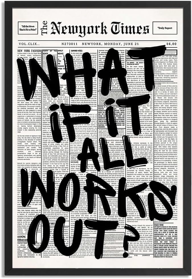 Skiennix Trendy Black and White Framed Wall Art | "What If It All Works Out" Poster for Preppy Dorm Decor