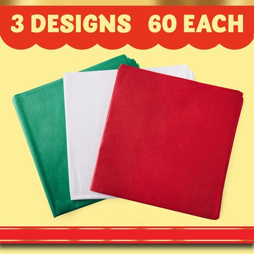 JOYIN Christmas Tissue Paper Assortment - 180 Sheets (20" x 20") in Red, Green & White | Perfect for Gift Wrapping