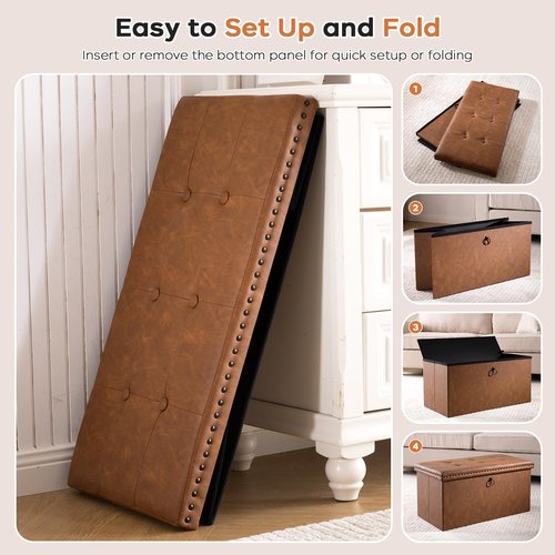 oakvivo 30 Inches Folding Storage Ottoman Bench, Ottoman PU Leather Tuffed End of Bed Bench, Foot Rest with Rivet Design, Ottoman with Storage, Load 330 lb, for Living Room, Bedroom, Entryway, Brown