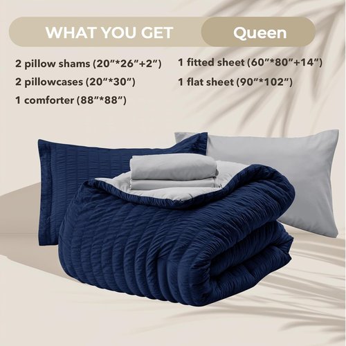 HYMOKEGE Queen Comforter Set - Navy Blue & Light Grey Seersucker - 7-Piece All-Season Luxury Bedding Set