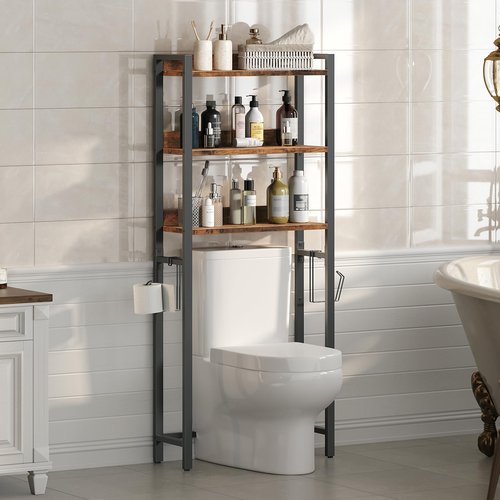 MAHANCRIS Over The Toilet Storage Rack, 3 Tier Bathroom Organizer Over Toilet, Freestanding Space Saver Toilet Stand with 2 Hooks, Bathroom Storage Shelf, Easy to Assemble, Rustic Brown TSHR6001