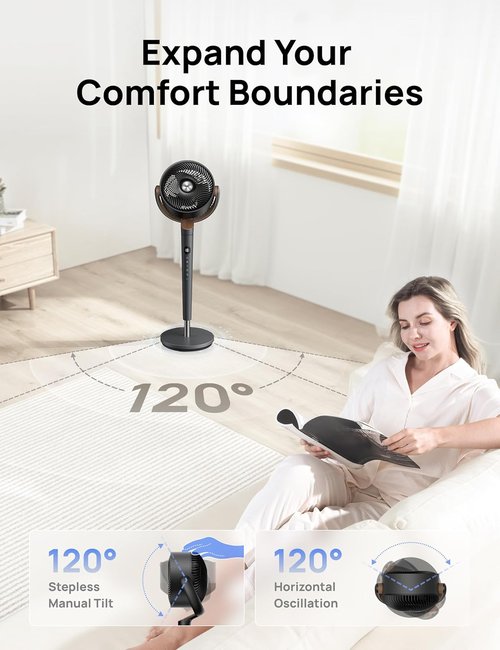 DREO Fan for Bedroom, 120° Oscillating Standing Fans, Quiet Floor Fan with DC Motor, 100ft Pedestal Fans for Room, 9 Speeds, 4 modes, 20dB, 120° Manual Vertical, 37-42" Adjustable Height, 9H Timer