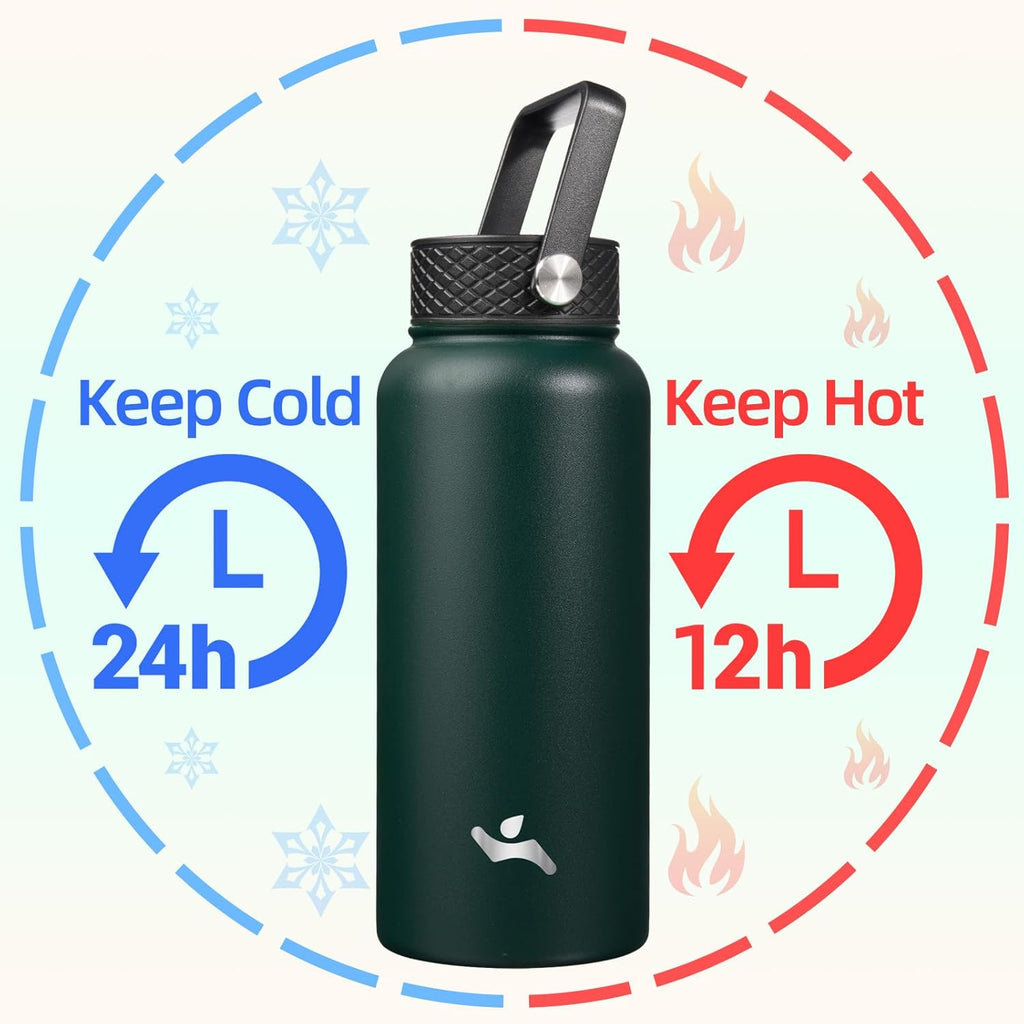 Skiennix 32 oz Insulated Stainless Steel Water Bottle - Durable Sport Bottle with 3 Lids | Army Green
