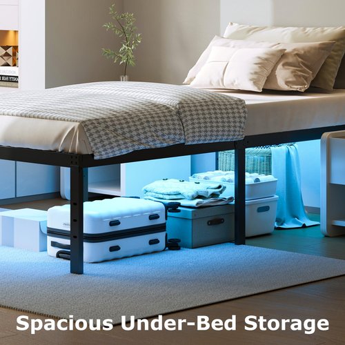 YORMDMO 14 inch Twin Bed Frame, Metal Bedframe with LED Lights, Heavy Duty Basic Steel Slats Platform, Outlets & USB, No Box Spring Needed