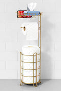 Goozii Gold Free Standing Toilet Paper Holder - Stylish Floor Stand with Phone Shelf & Wipes Tray