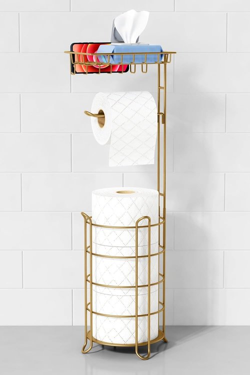 Goozii Gold Free Standing Toilet Paper Holder - Stylish Floor Stand with Phone Shelf & Wipes Tray