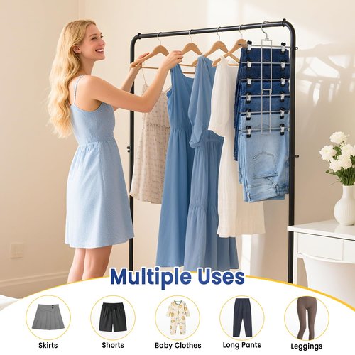 DAMITA Skirt Pants Hangers with Clips Space Saving Hanging Closet Organizer 6 Tiers Hanger with 360° Swivel Hook, Finger-Safe Design- College Dorm Room Apartment Essentials 1-Pack