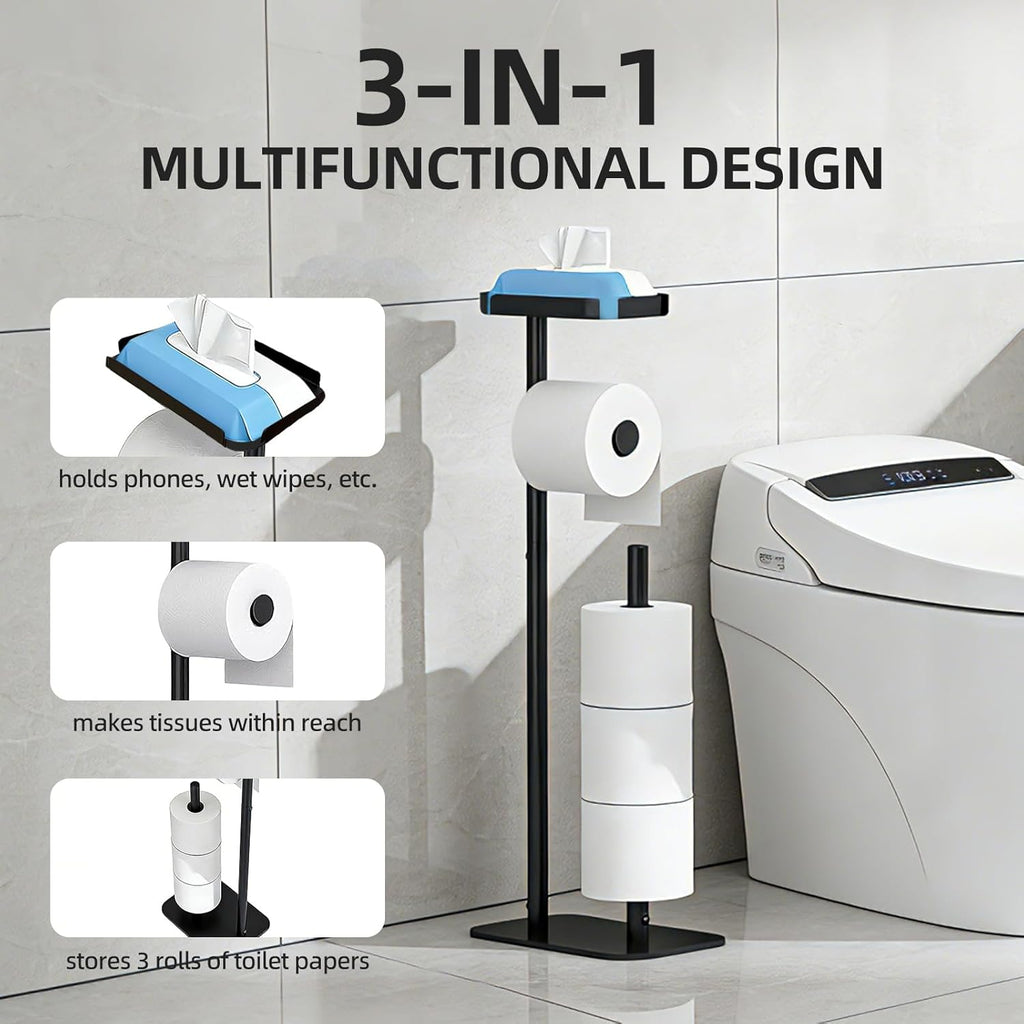 Skiennix Free Standing Toilet Paper Holder - Rustproof Metal Stand with Anti-Slip Base & Top Shelf | Black