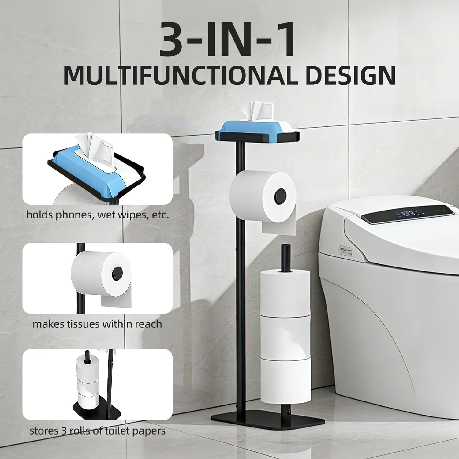 Skiennix Free Standing Toilet Paper Holder - Rustproof Metal Stand with Anti-Slip Base & Top Shelf | Black