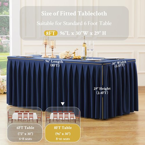 2 Pack Navy Blue Rectangle Tablecloth 8 FT Stretch Spandex Fitted Table Cloth for 8 Foot Rectangle Tables Banquet Tablecloths Wrinkle Free Table Cover Skirt Stitch Ruffle Tablecloth for Party Wedding